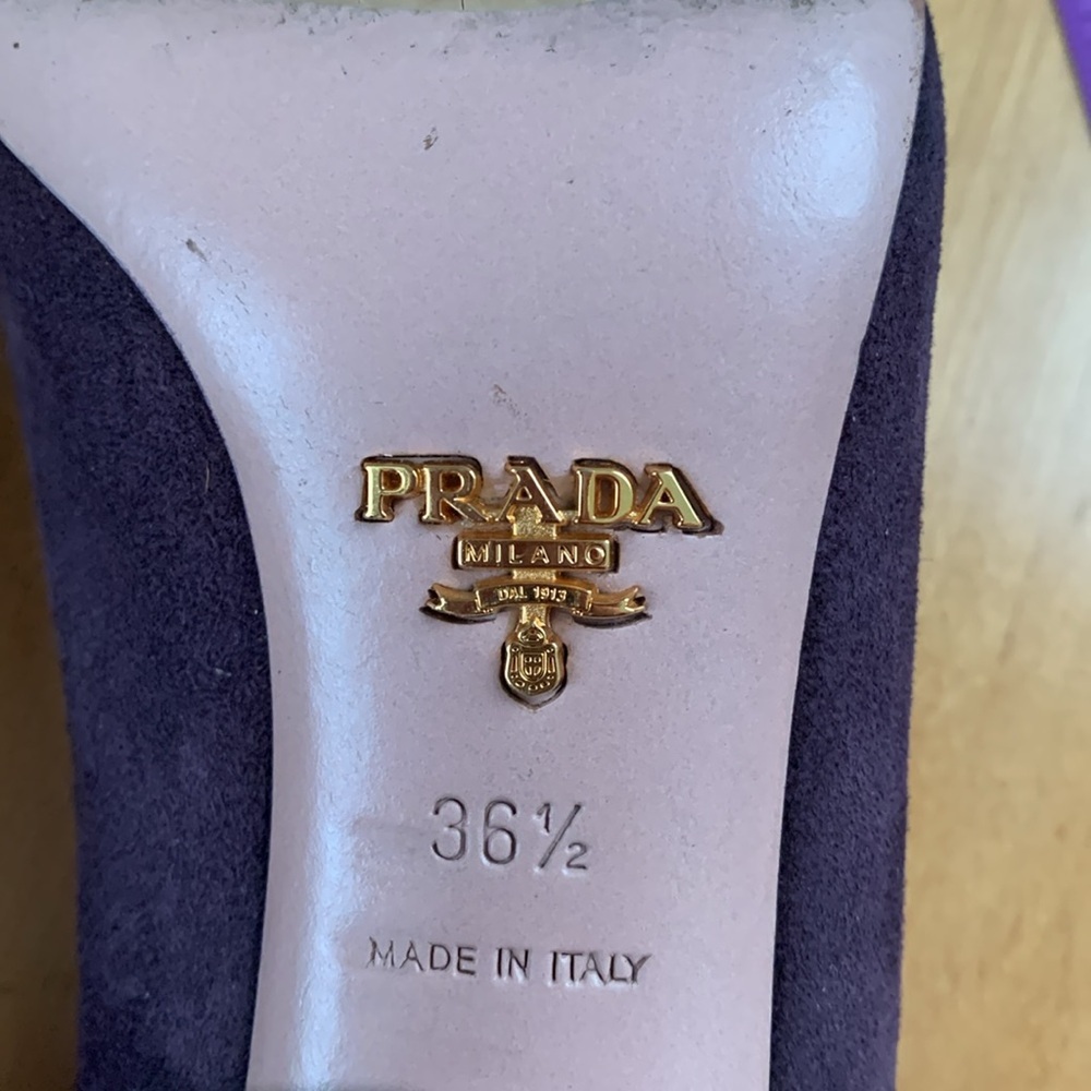 Prada purple suede heels US size 6.5 EUR 36.5 GUC peep toe black ruffles - Picture 8 of 15
